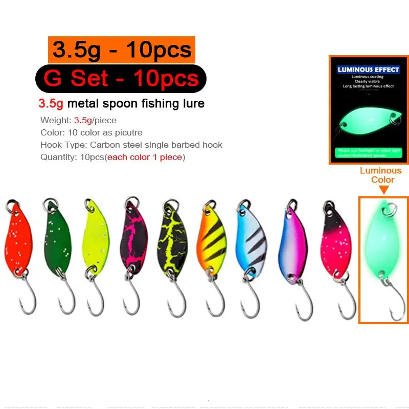 Colorful 3.5g metal spoon fishing lures, 10 pcs set with barbed hooks for effective trout and chub fishing.