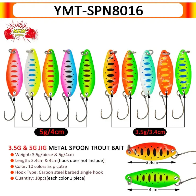 Colorful 3.5g and 5g metal spoon trout bait lures featuring various patterns for effective fishing. Ideal for trout and chub.