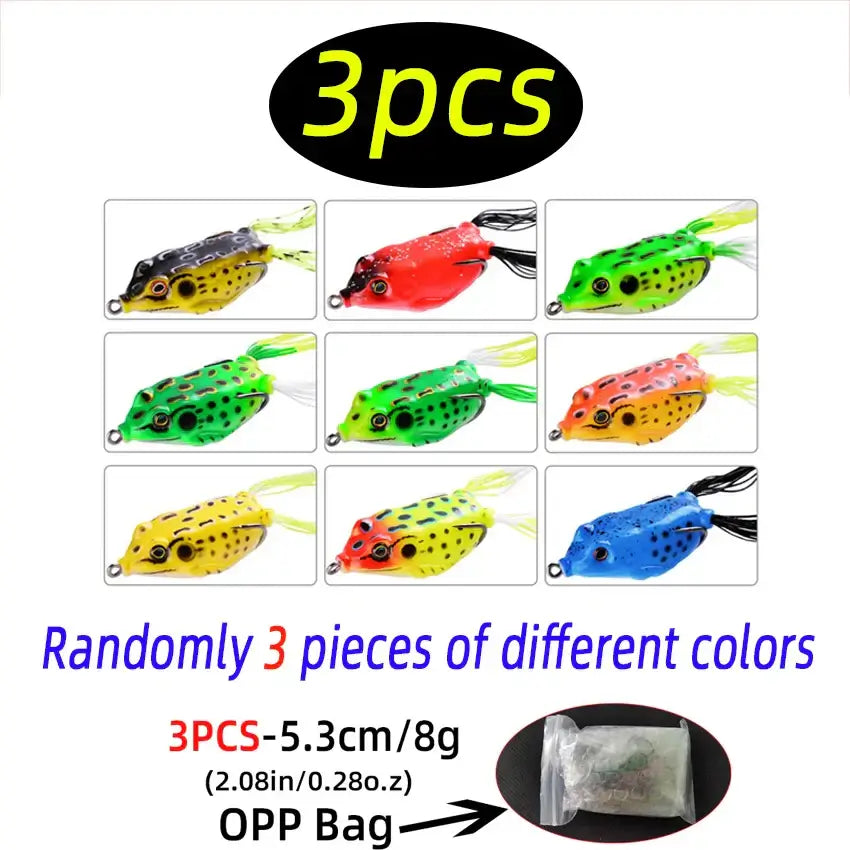 3pcs frog soft lures in assorted colors, depicting fishing bait for topwater strikes, packaged in an OPP bag.