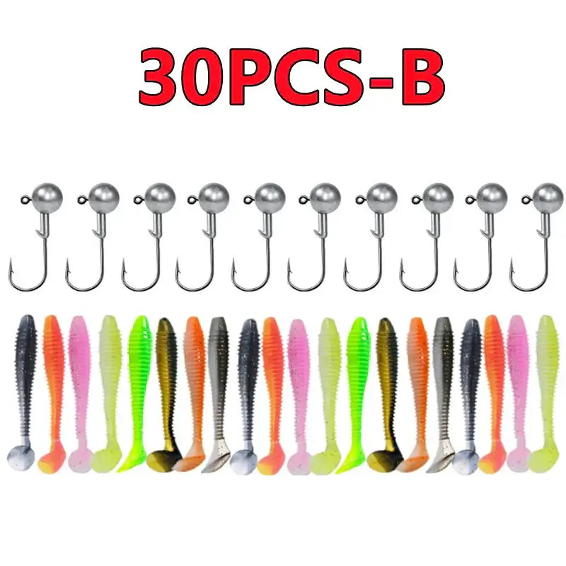 30-piece silicone fishing lures kit with colorful soft baits and crank jig head hooks for various fishing positions