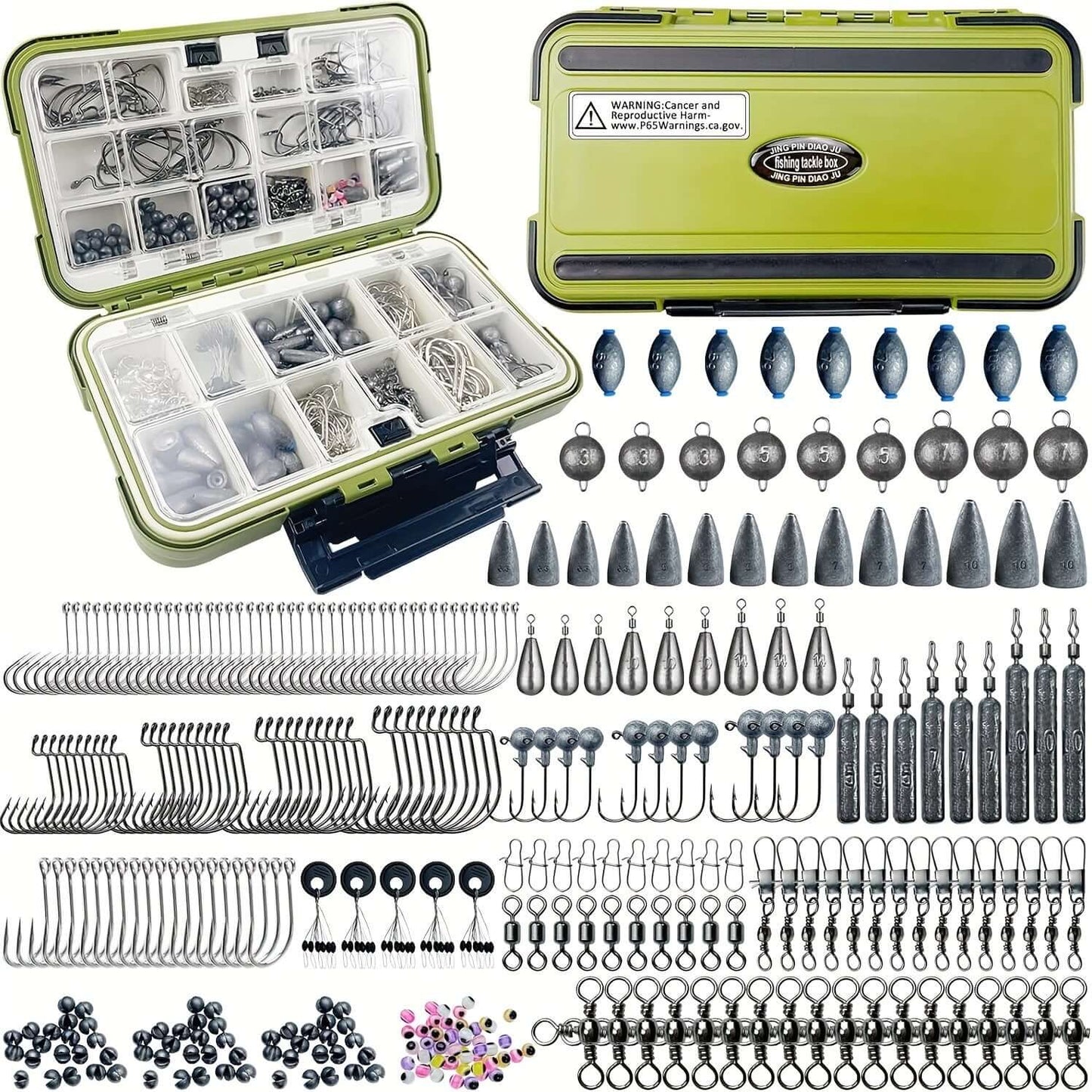 306pcs fishing accessories kit with hooks, sinkers, bobbers, jigs, beads, swivels, snaps, and tackle box.