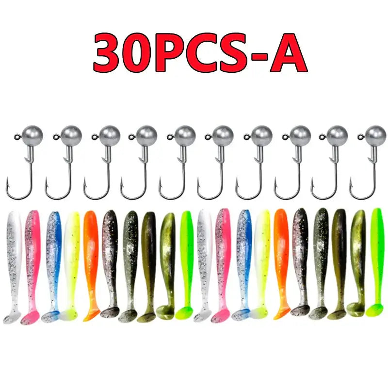 30-piece silicone lure set with assorted colors, jigs, and hooks for fishing tackle accessories.