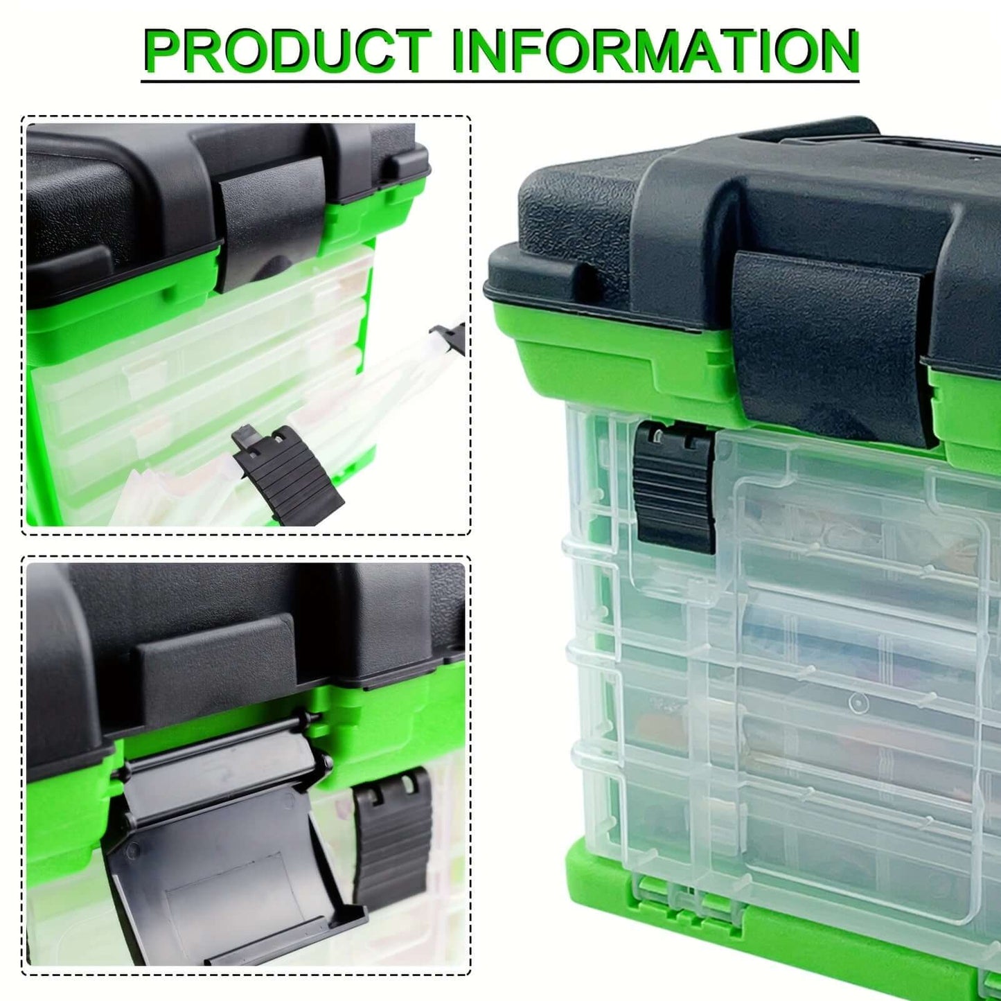 Fishing tackle box featuring multiple compartments for organized storage of lures and fishing gear.