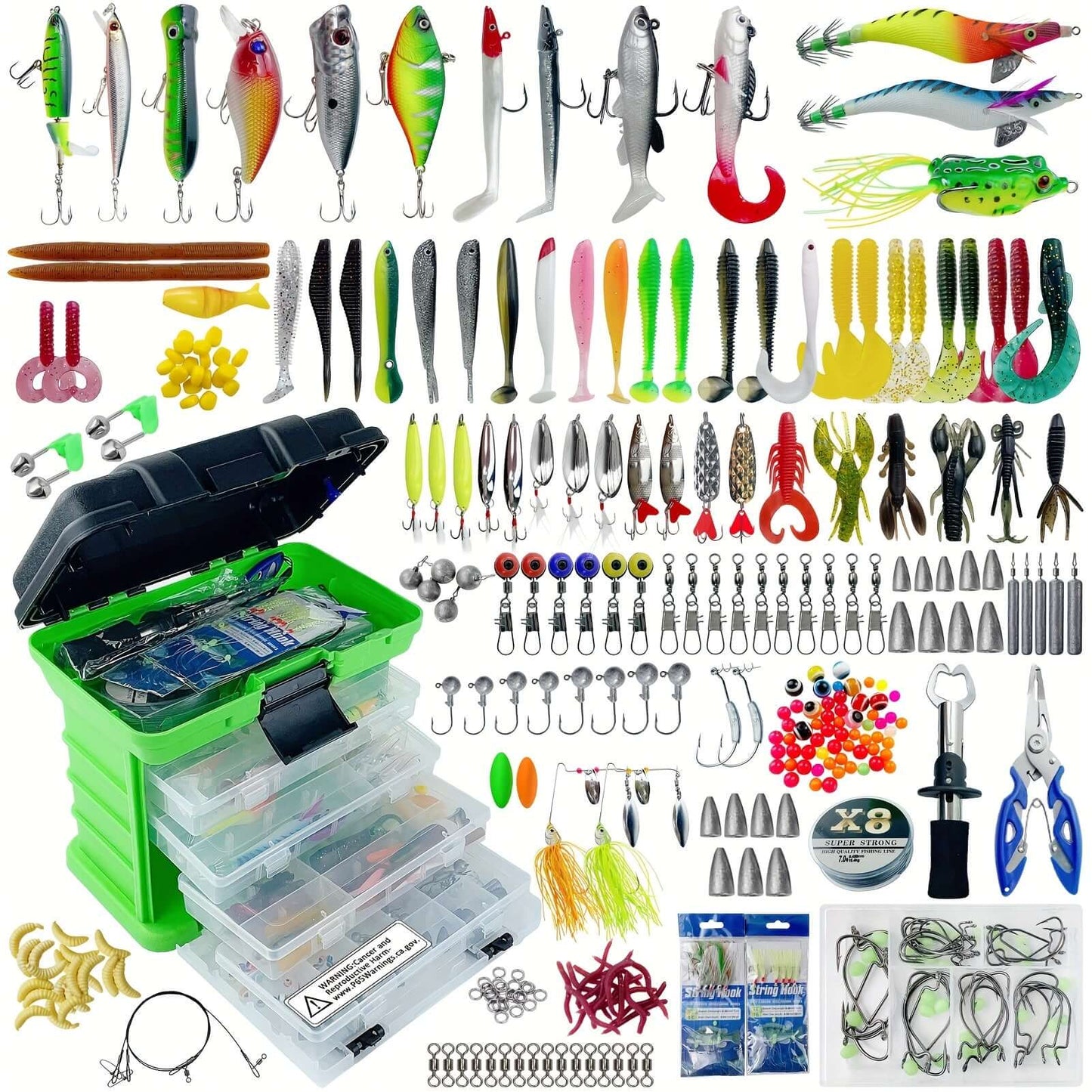 346pcs fishing lures kit with tackle box, including minnows, crankbaits, soft lures, jigs, hooks, and weights for freshwater and saltwater.