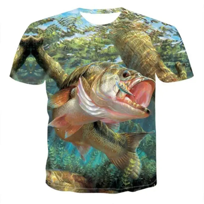 Men's 3D printed fishing t-shirt featuring realistic fish design, perfect for summer casual wear.