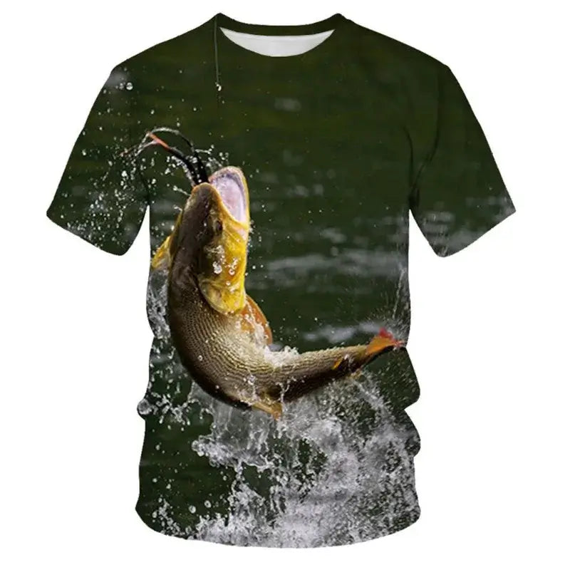 3D print fishing t-shirt featuring a jumping fish design, perfect for summer casual wear and available in multiple sizes.