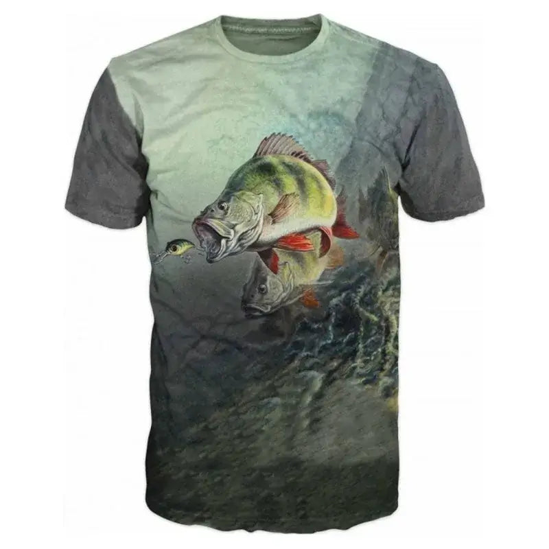 Men's 3D printed fishing t-shirt featuring realistic fish design, perfect for summer casual wear.
