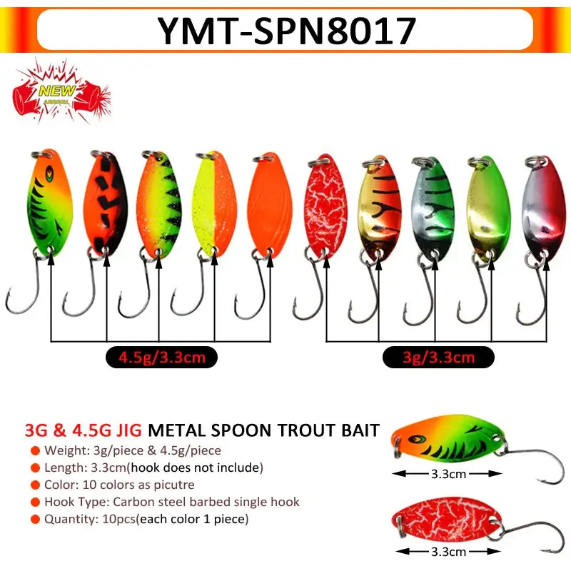 10-piece set of 3g and 4.5g metal spoon trout bait lures in vibrant colors, ideal for fishing enthusiasts.