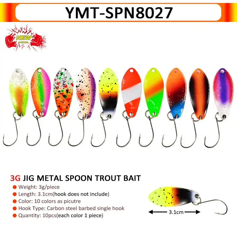 Colorful 3g metal spoon trout bait lures in 10 designs, perfect for effective fishing and attracting trout and chub.