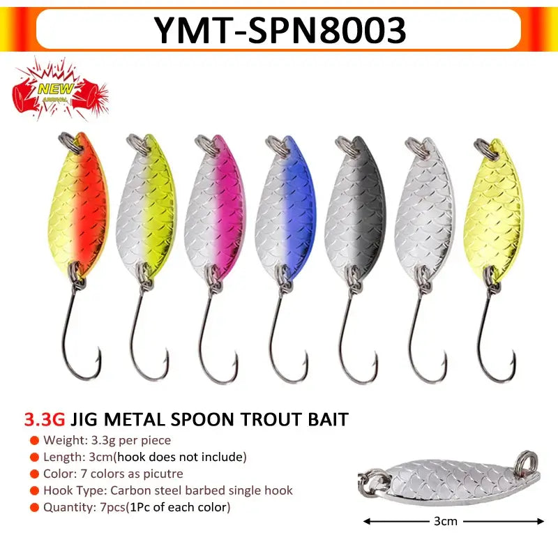 7 colorful 3.3g jig metal spoon trout baits, 3cm length, perfect for attracting trout and chub fish.
