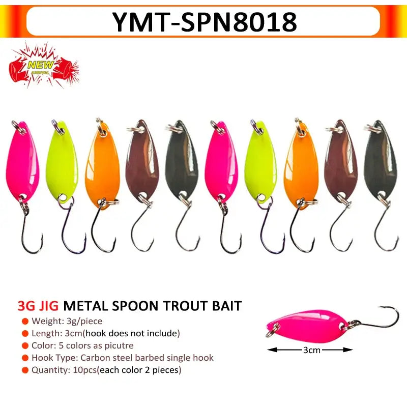Colorful 3g metal spoon trout bait lures, designed for effective fishing with precision hooks and vibrant colors.