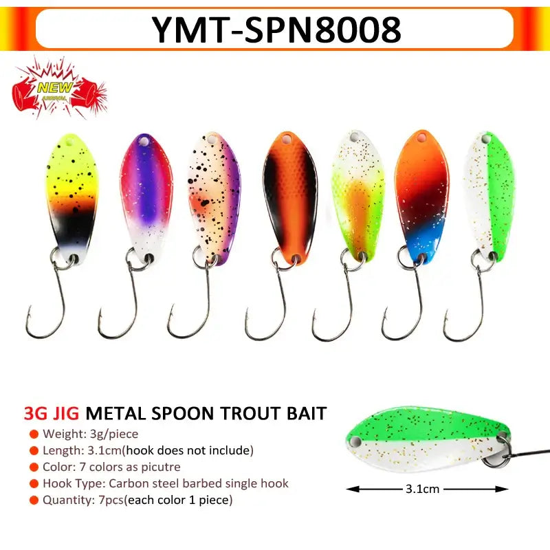 Colorful 3g metal spoon trout bait lures, 7 pieces, ideal for fishing with flash and vibration to attract trout.