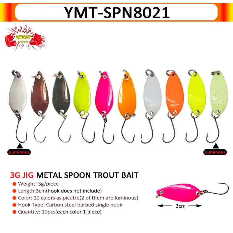YMT-SPN8021 metal spoon trout bait lures, 3g jig, 10 colorful options for effective fishing tackle.