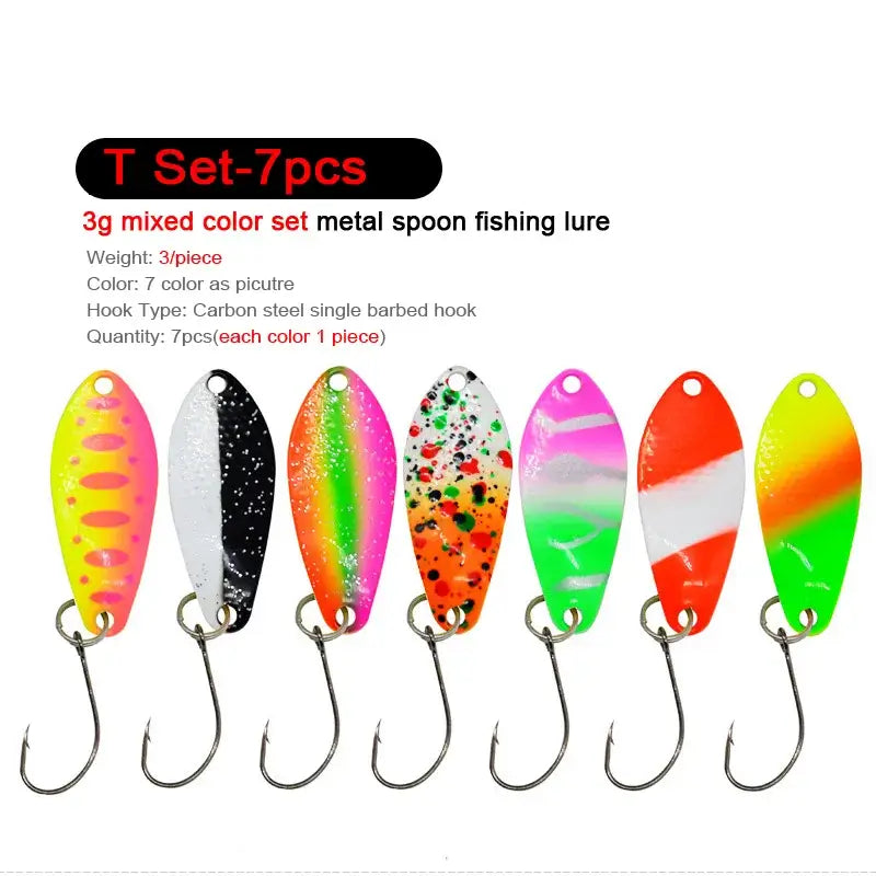 7 pieces metal spoon fishing lures in mixed colors, each 3g, featuring single barbed hooks for effective angling.