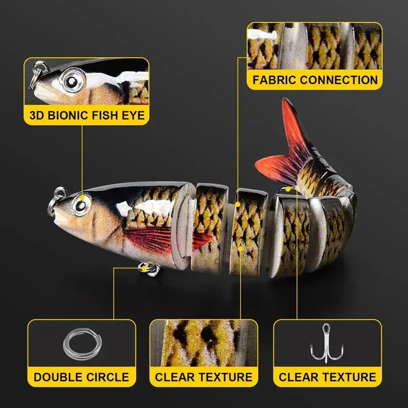 Close-up of a multi-jointed fishing lure featuring 3D fish eye, segmented body, and detailed textures for effective fishing.