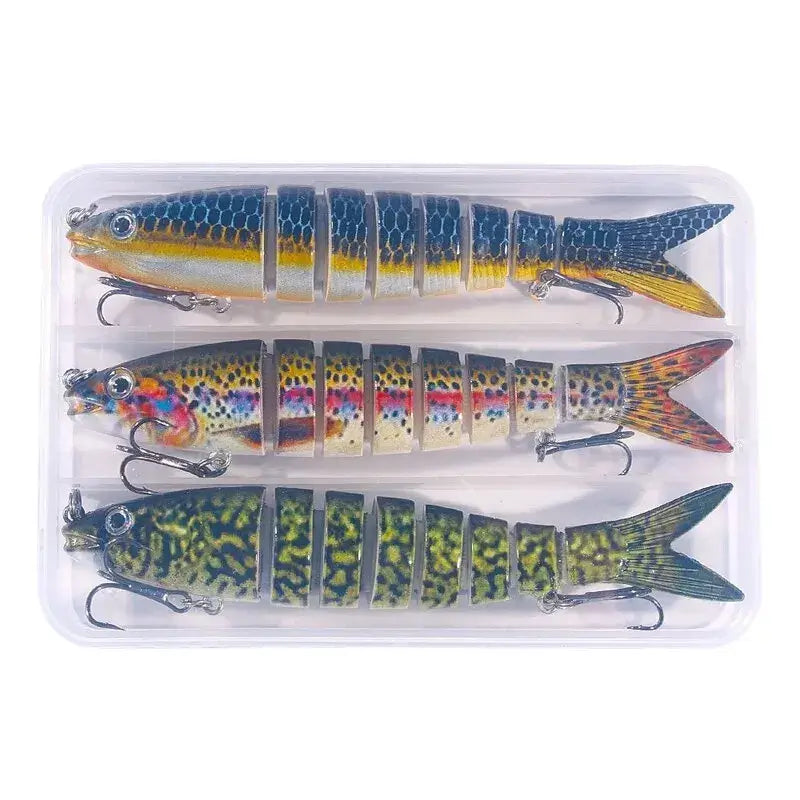 3PCS multi-jointed fishing lures in a box, designed for bass and trout fishing, showcasing detailed segmented bodies and hooks.