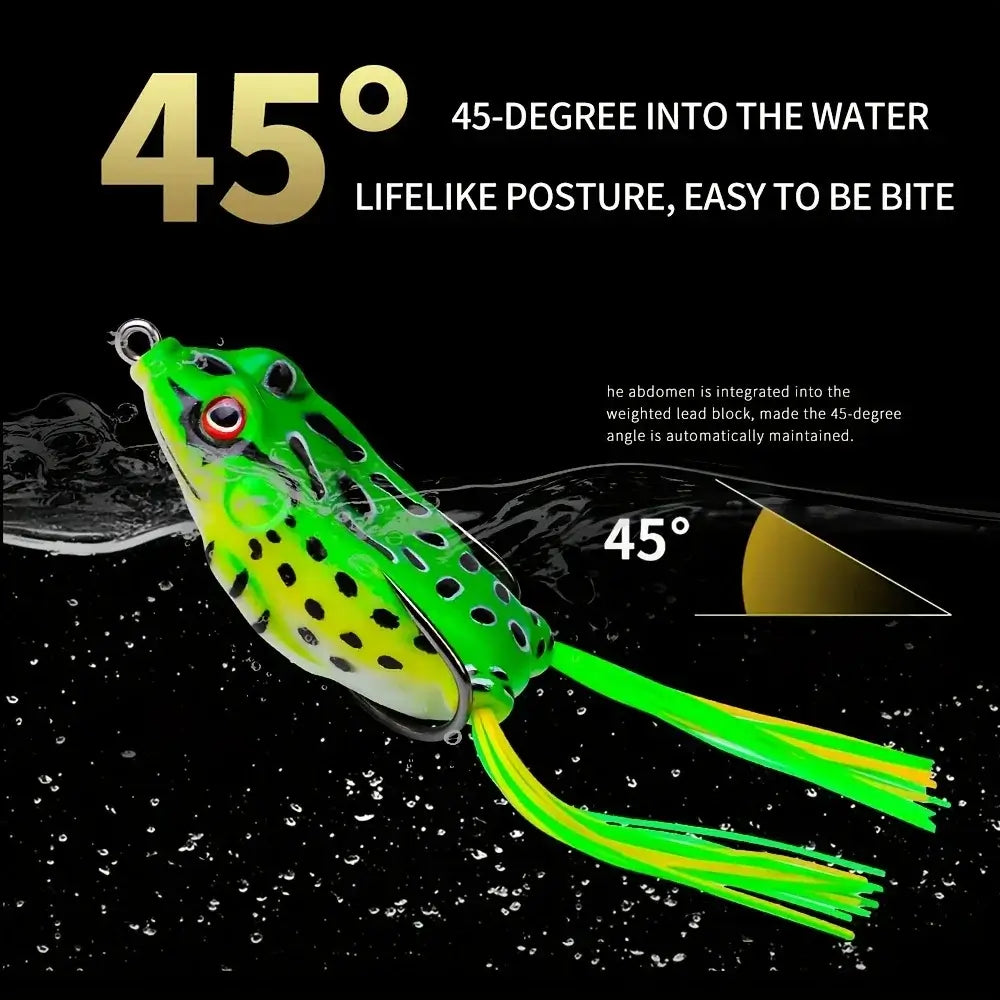 45-degree lifelike posture of frog fishing lure designed for effective topwater strikes in various water conditions.