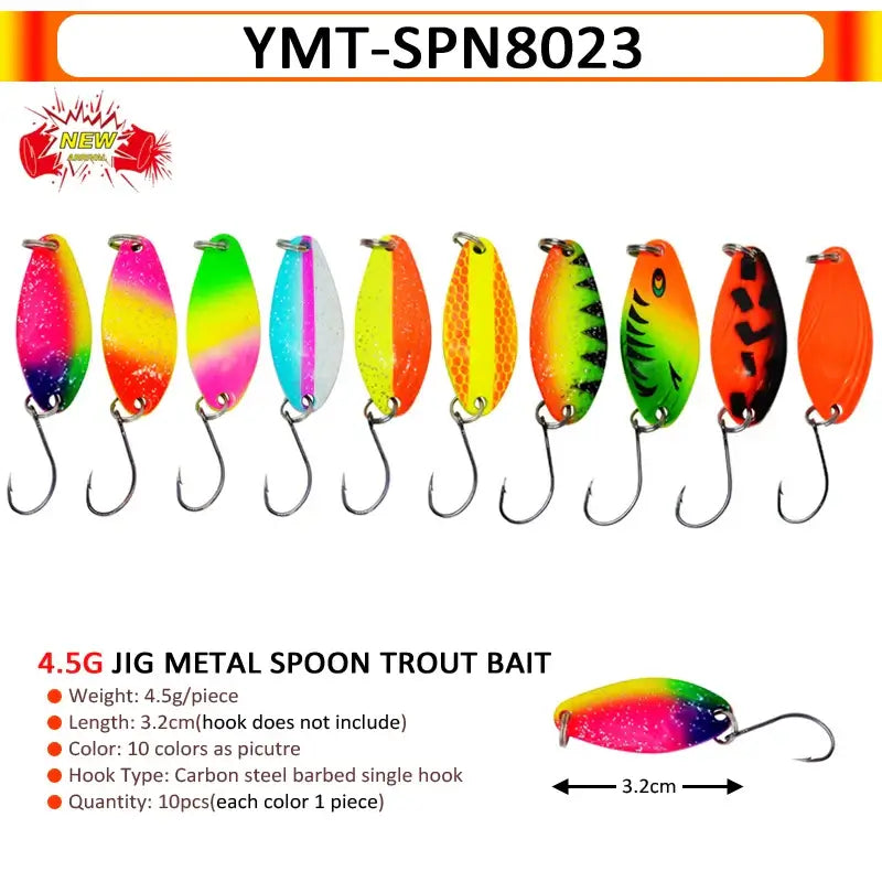 7 colorful 4.5g jig metal spoon trout baits in various designs for enticing fish during angling.