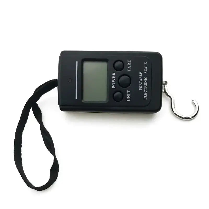 Digital handy hanging scales with hook for weighing fish, portable design for easy use in tackle box.