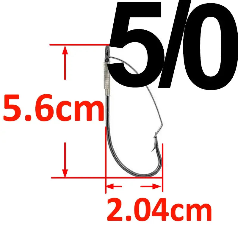 5/0 weedless barbed fishing hook dimensions 5.6cm x 2.04cm, made from high carbon steel for strength.