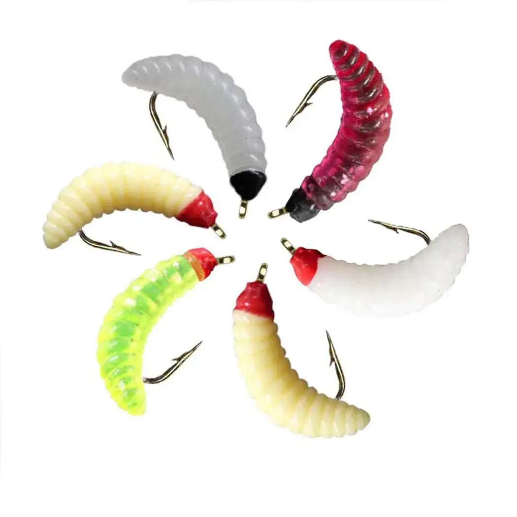 Assorted maggot fly fishing lures in various colors, perfect for targeting trout, perch, and bass.