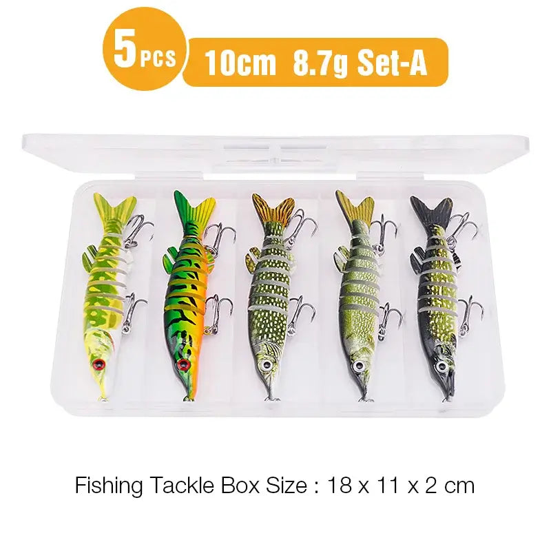 5-piece set of 10cm pike fishing lures in tackle box, designed for realistic underwater action.