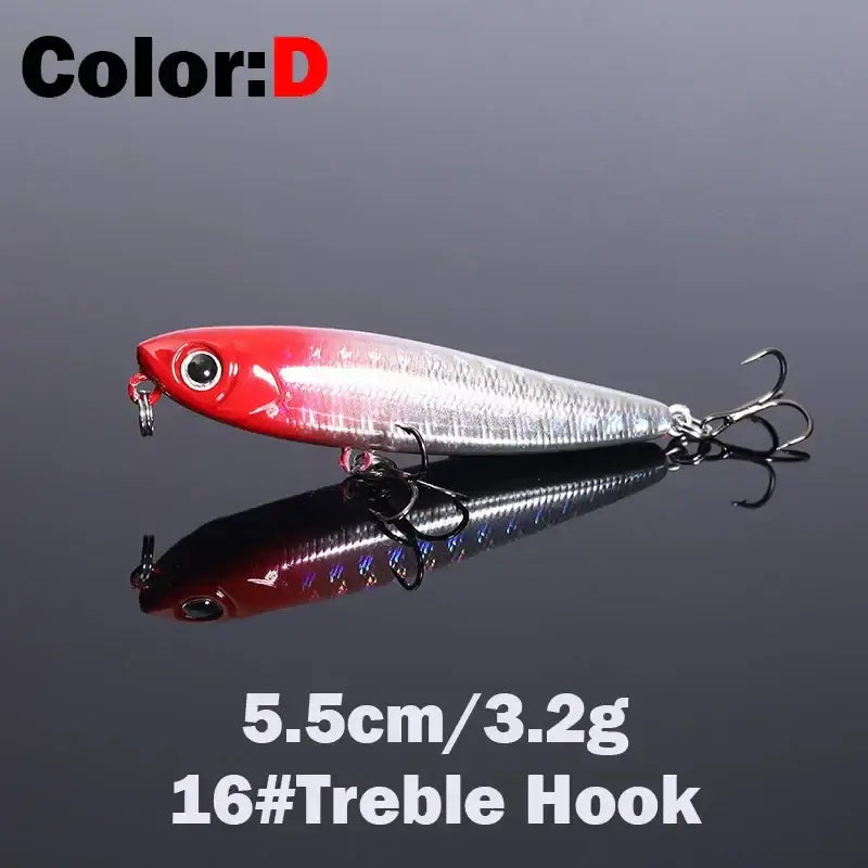 Red and silver 5.5cm floating pencil fishing lure with 3.2g weight and treble hook for topwater fishing.
