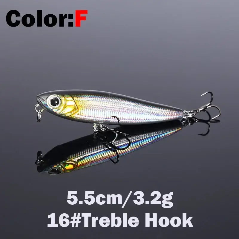 5.5cm 3.2g Floating Pencil Fishing Lure with treble hook for topwater fishing, shiny finish, ideal for various fishing positions.