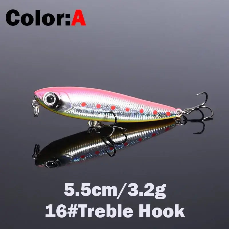 5.5cm 3.2g Floating Pencil Fishing Lure with 16# Treble Hook, ideal for topwater fishing action.