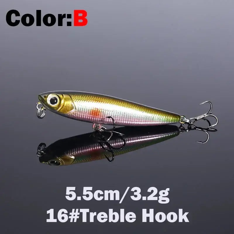 5.5cm 3.2g Floating Pencil Fishing Lure in Color B with treble hook, ideal for topwater fishing.