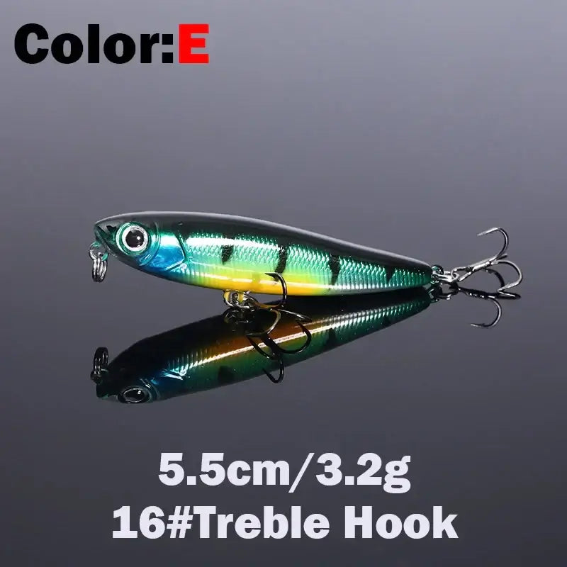 Floating Pencil Fishing Lure in color E, 5.5cm, 3.2g, featuring a 16# treble hook for topwater fishing.