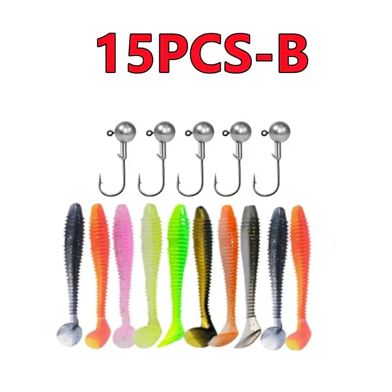 15PCS Silicone Fishing Lures Kit with Jig Heads and Hooks, ideal for ocean and freshwater fishing.