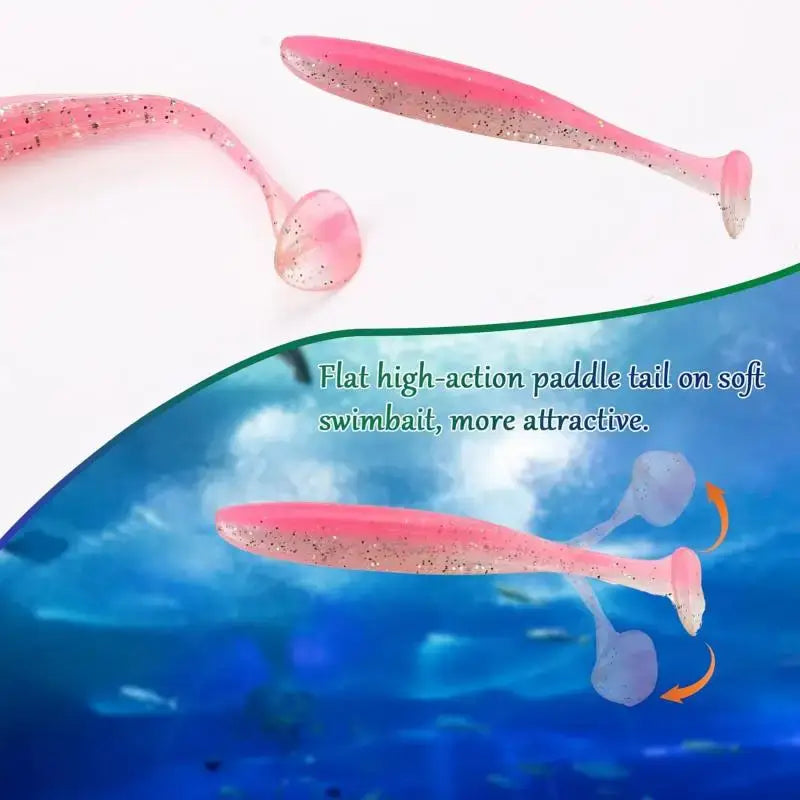 Pink silicone swimbait with flat paddle tail for enhanced attraction in fishing.