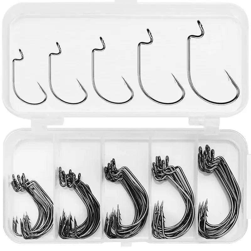 50 black nickel crank hooks in a clear storage box, organized for easy access. Ideal for precision bait fishing.