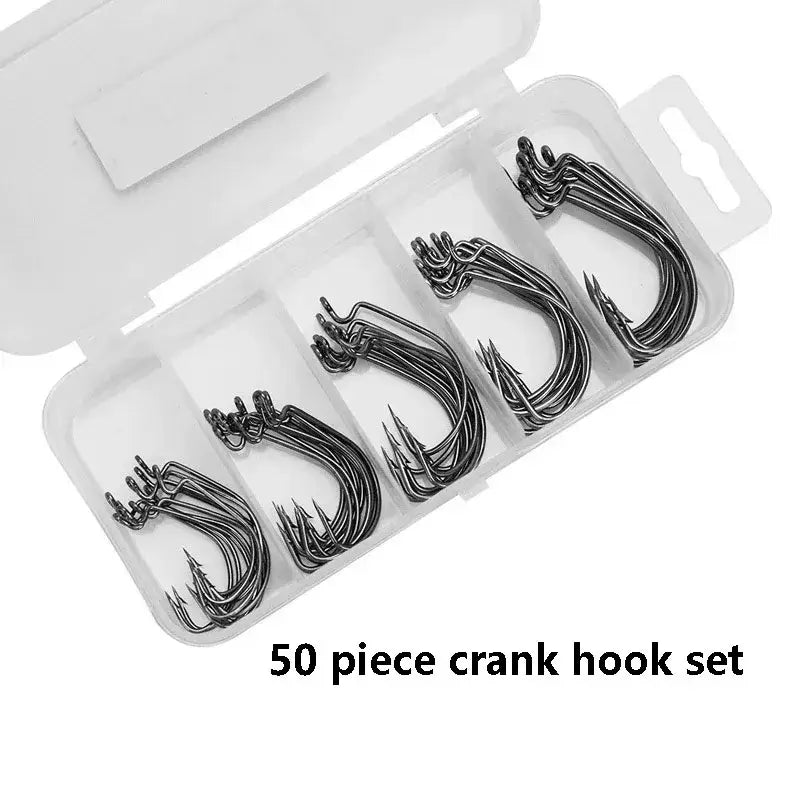 50 piece black nickel crank hook set in storage box, ideal for bait fishing and corrosion-resistant performance.