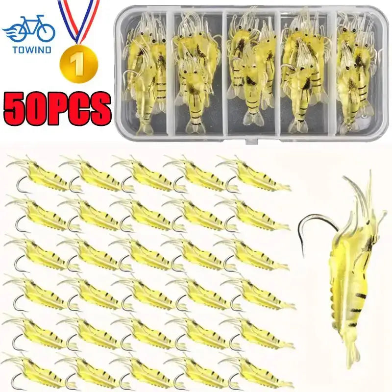 50PCS luminous shrimp silicone fishing bait set, featuring realistic soft prawns with hooks for effective carp fishing.