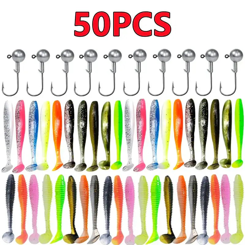 50PCS silicone fishing lures kit including colorful soft baits and hooks for enhanced fishing experience.