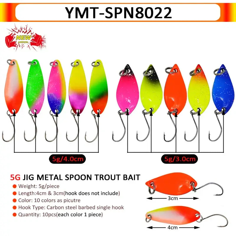 5g metal spoon trout bait lures in various colors, showcasing weights 3cm and 4cm, ideal for fishing enthusiasts.