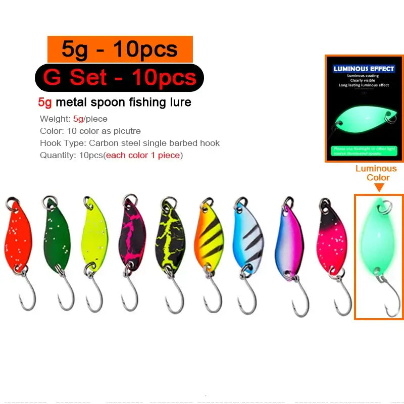10pcs 5g metal spoon fishing lures in various colors for trout and chub fishing, featuring carbon steel barbed hooks.