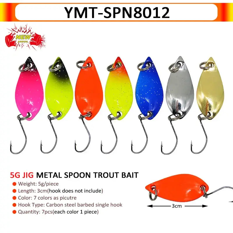 7 colors of 5g metal spoon trout bait with hooks, designed for effective fishing lures and attracting trout and chub.
