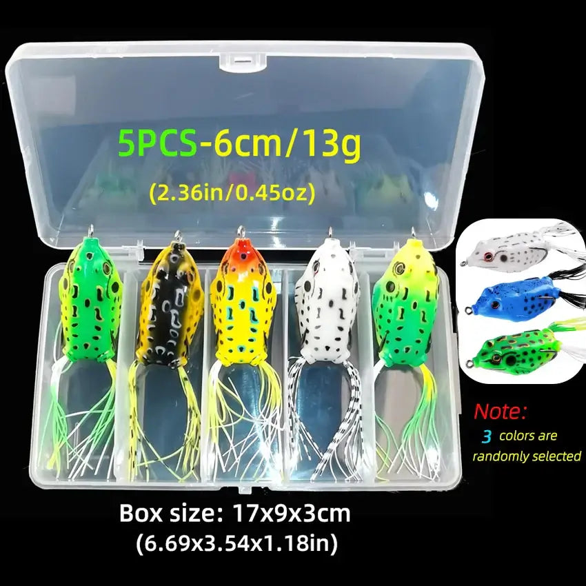 5PCS Frog Soft Lures in storage box, 13g, 6cm, assorted colors for improved fishing performance.