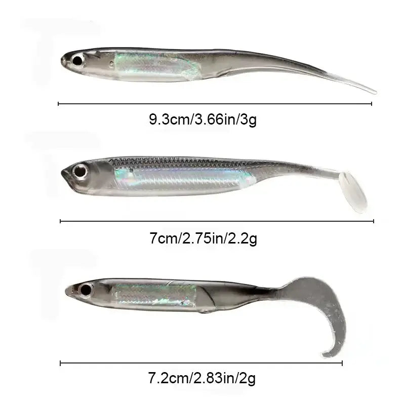 5-piece fishing soft bait collection with T-tail design and rainbow color, showcasing different sizes and weights.