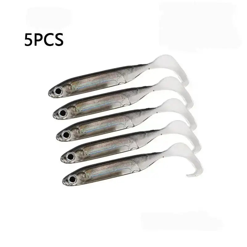 5-piece fishing soft baits featuring T-tail design for enhanced action and water displacement, ideal for attracting fish.