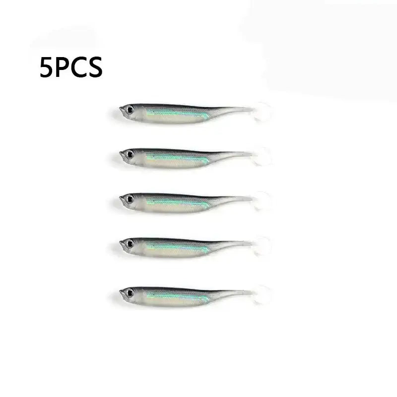 5-piece fishing soft bait set featuring T-tail design for enhanced action and rainbow color for predatory fish attraction.