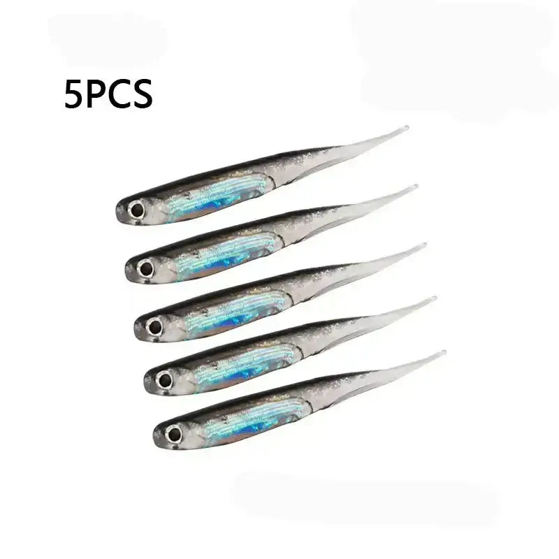 5pcs of T-tail fishing lures featuring a rainbow color sequin design for enhanced action and predatory appeal.