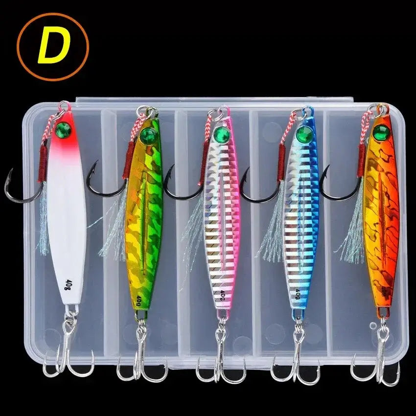 5pcs metal jig fishing lures in a transparent tackle box, featuring weights from 10g to 40g, ideal for bass and trout fishing.