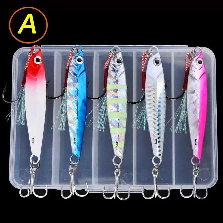 Set of 5 metal jig fishing lures in box, 10g-40g, designed for bass and trout fishing, ideal for saltwater angling.