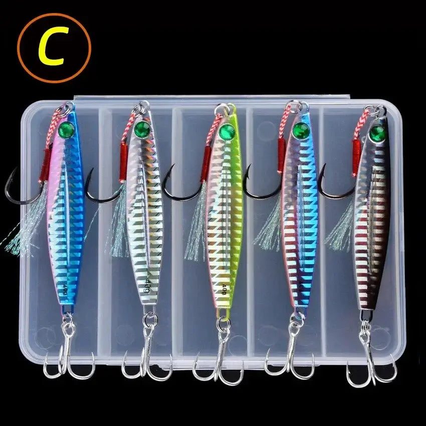 5pcs metal jig fishing lures in a storage box, designed for bass and trout, weights 10g-40g, ideal for saltwater fishing.