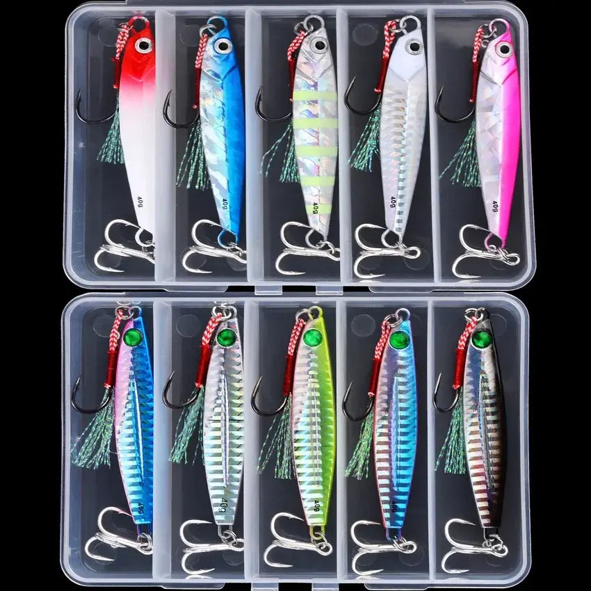 Set of 8 metal jig fishing lures in a storage box, featuring vibrant colors and hooks for bass and trout fishing.