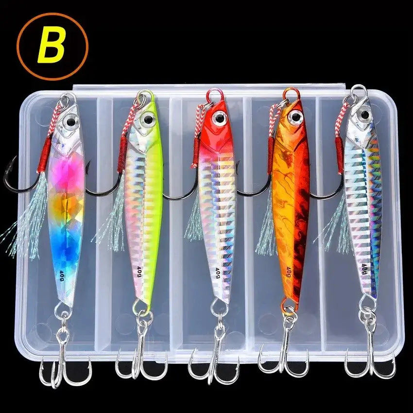 Set of 5 metal jig fishing lures in various colors with hooks, perfect for bass and trout fishing tackle.